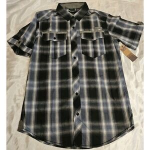 Burnside NWT Short Sleeve Button Up Black & Blue Shirt Young Men's Size Small
